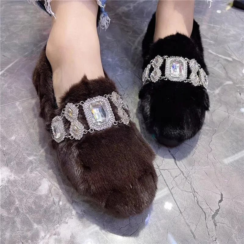 2026 New Crystal Women Winter Warm Fur Loafers Thick Sole Moccasins Driving Snow Shoes Woman Mink Fur Espadrilles Flats Creepers