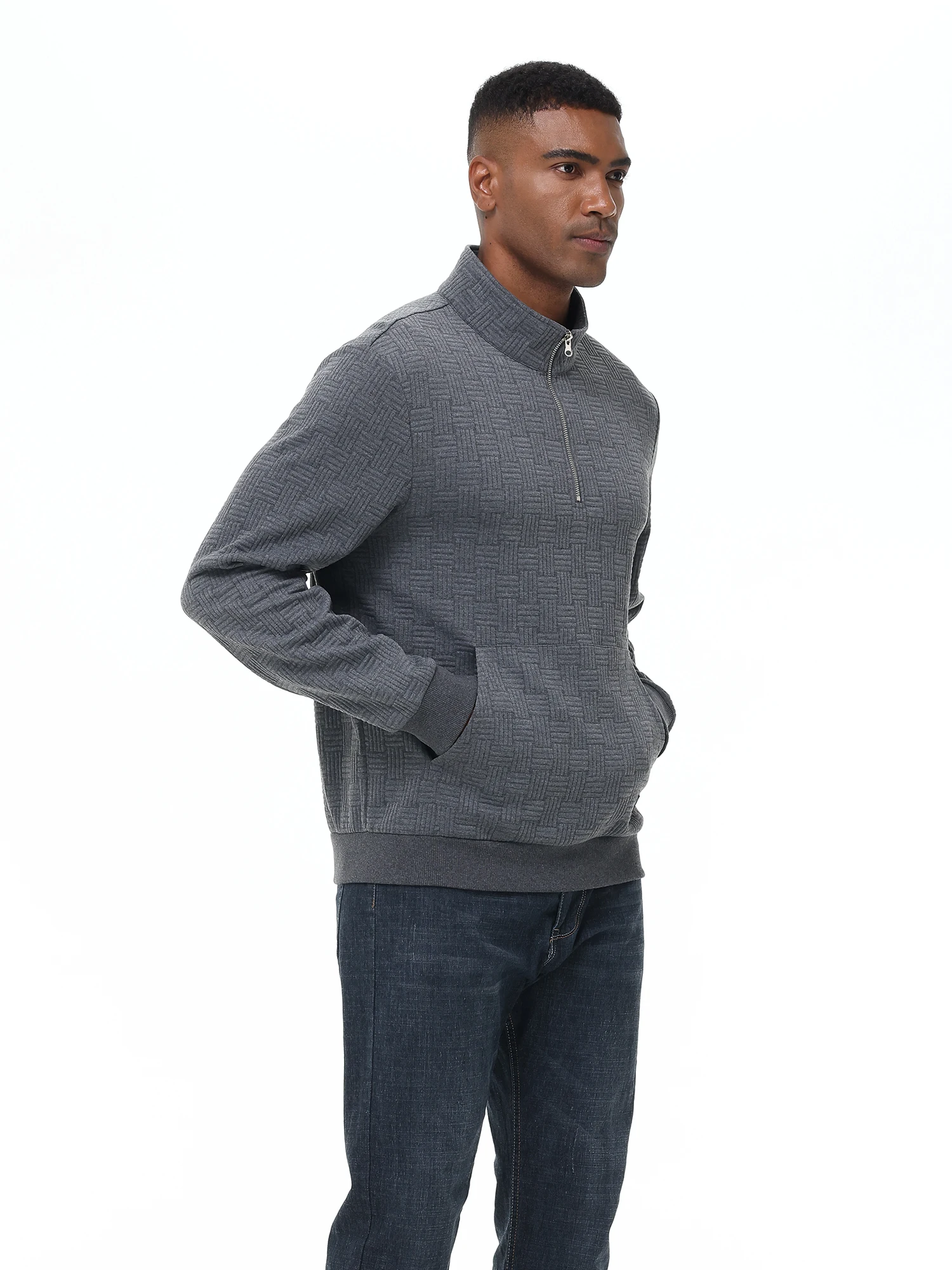 New Fashion Men's Long-Sleeve Quarter-Zip Casual Sweatshirt Square Pattern Pullover with Kanga Pocket