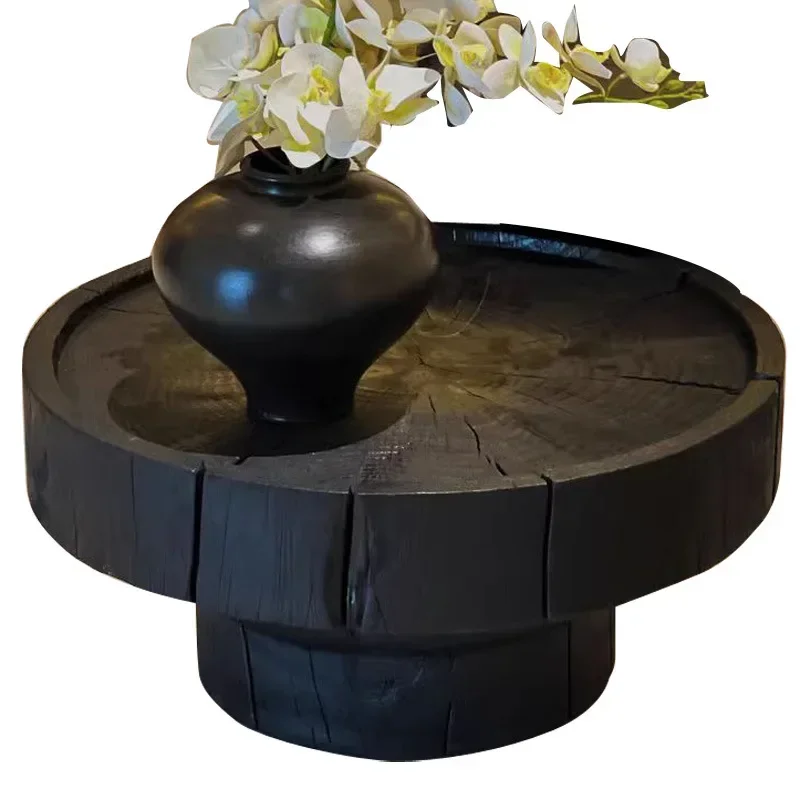 

Black carbonized wooden pier coffee table, log pier solid wood homestay wooden pile, designer round wabi-sabi wind coffee table