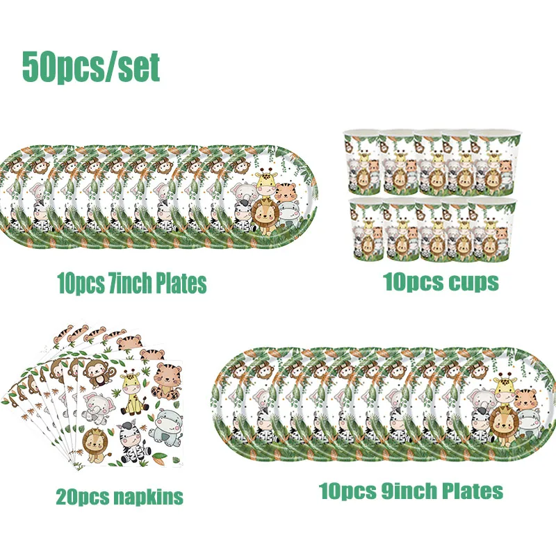 Jungle Safari Birthday Party Decoration Forest Theme Tableware Disposable Paper Cups Plate Banner Number Balloon Baby Kids Gifts