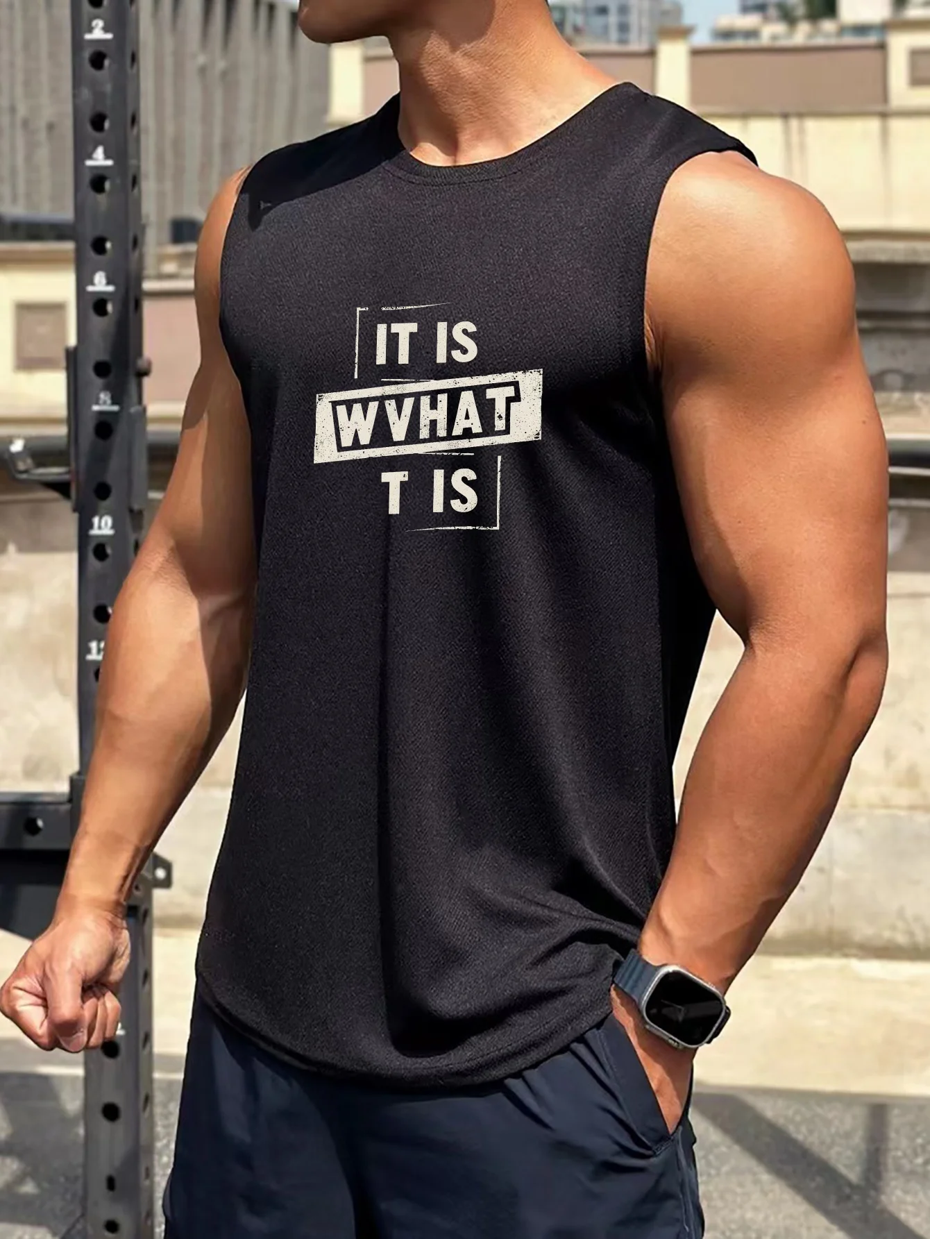 

It's the "IT IS" printed men's vest, featuring breathability and comfort with no sleeves, suitable for exercise and fitness.