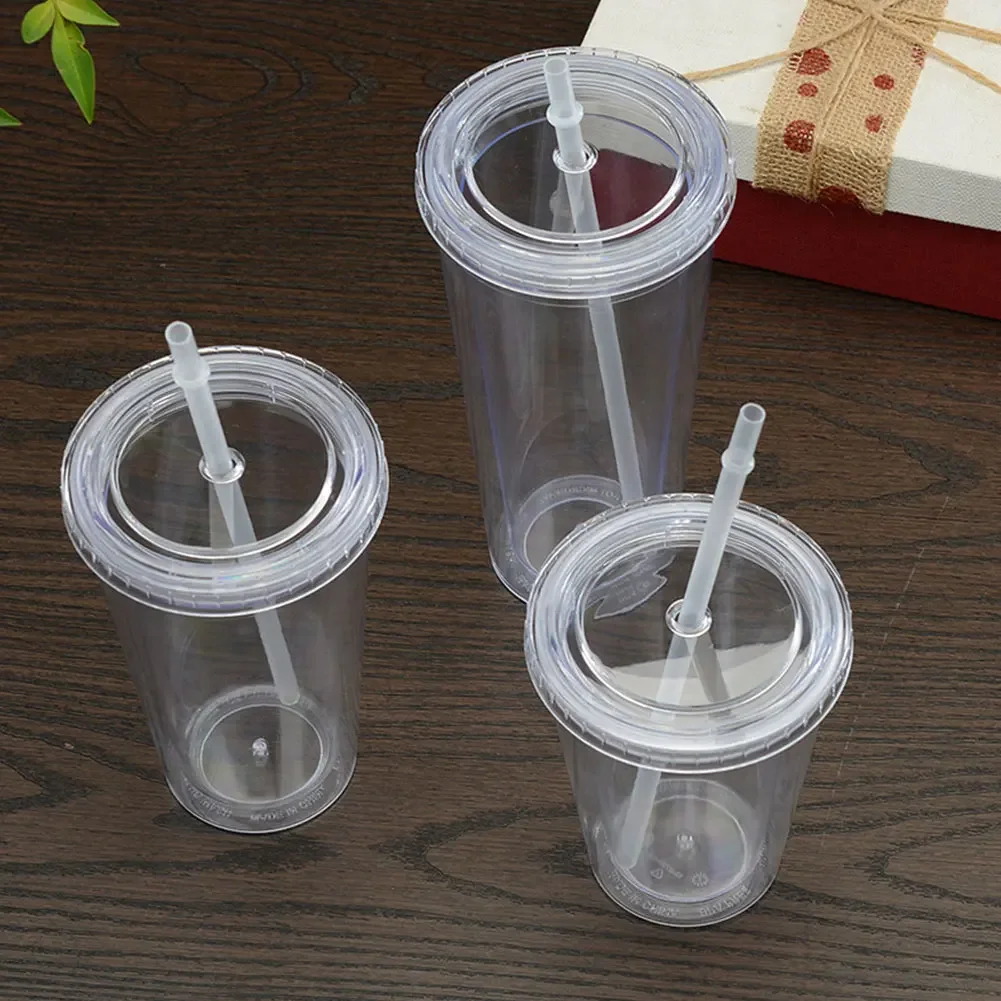 350/450/650ml Clear Tumbler With Straw Reusable Transparent Double-layer Water Bottle For Coffee Milk DIY Smoothie Cup Drinkware