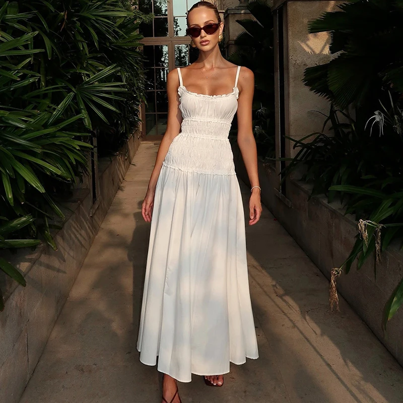 Tornova Effen Spaghetti Jurk Voor Vrouwen Ruches Mouwloze Lange Jurk Zomervakantie Kleding Casual Mode Vrouwelijke Jurk