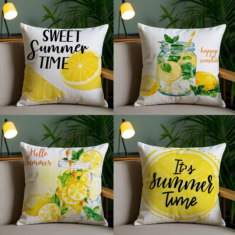 4PC Watercolor Summer Lemon Cushion Cover Soft Plush Double-Sided Print Pillow Case Home Decor for Sofa Living Room Gift