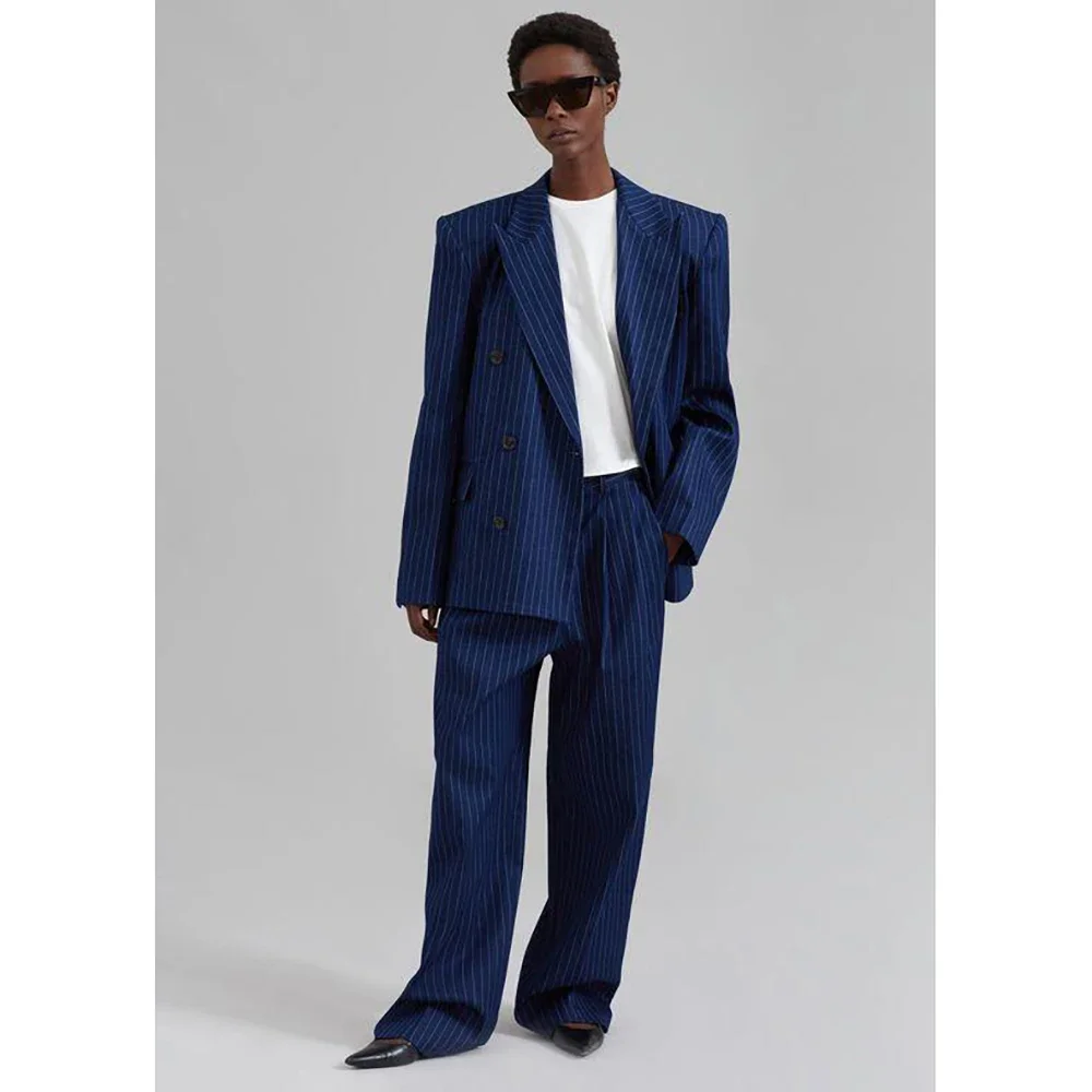 

Chic Loose Blue Stripe Double Breasted Men Suit Two Pieces(Jacket+Pants) Lapel Outfits Casual Party Prom Wedding Set