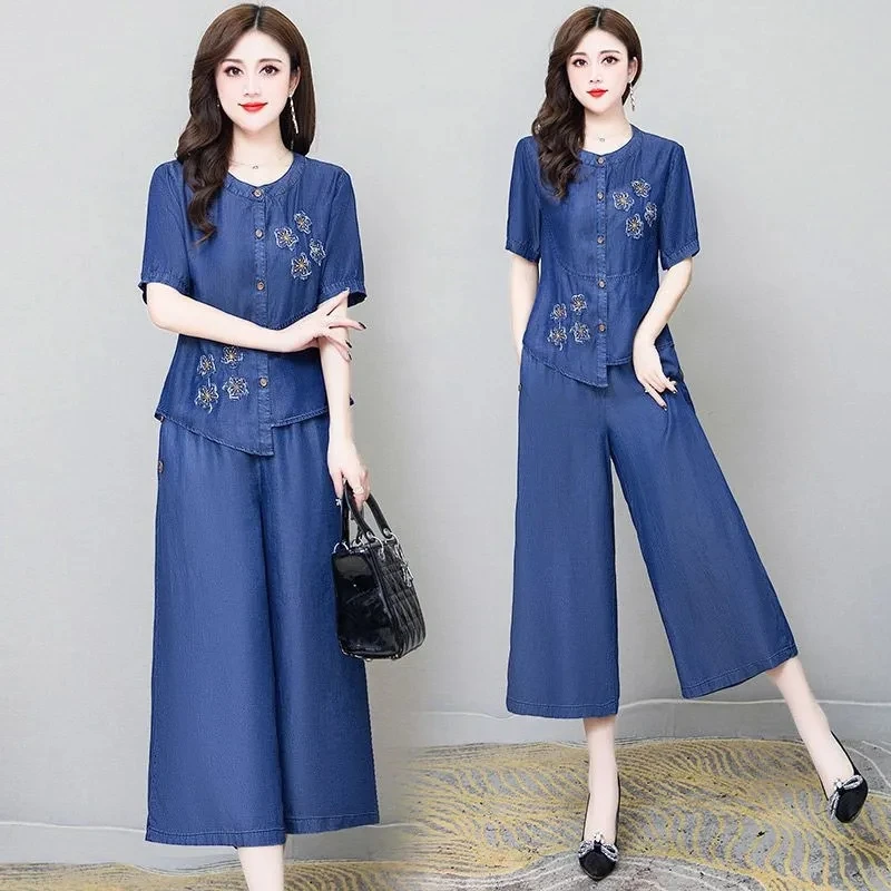 

Ethnic Style Denim Wide Leg Pants Sets For Women Spring Summer NEW Embroidery Cowboy Jacket +Jeans Pants Suits Female Outfits