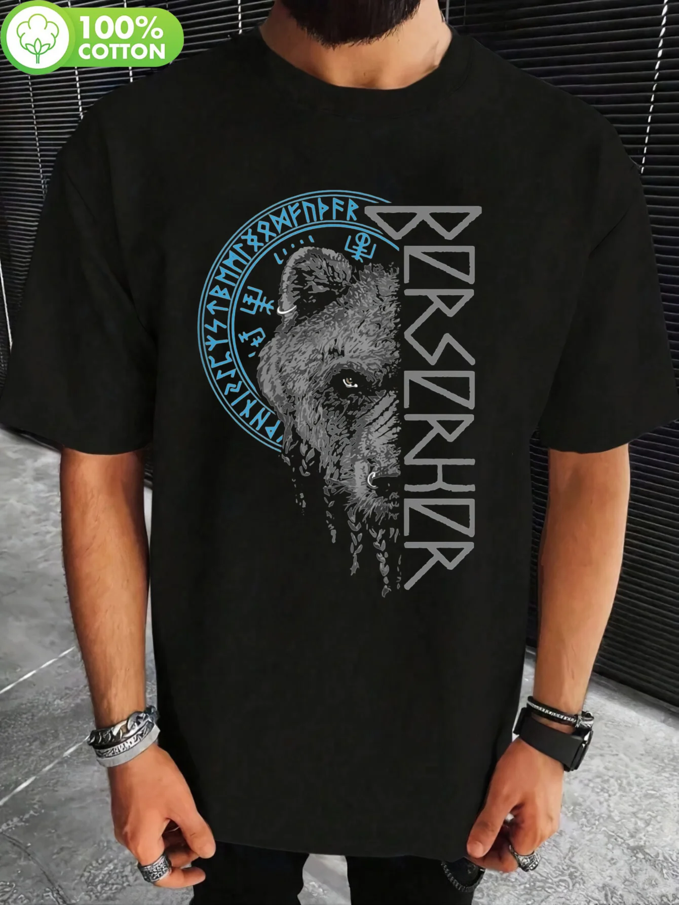 

Men's Berserker Bear Warrior Odin Runes Nordic Compass Viking Graphic T-Shirt, Adventure Apparel,Statement Shirt, History Lovers