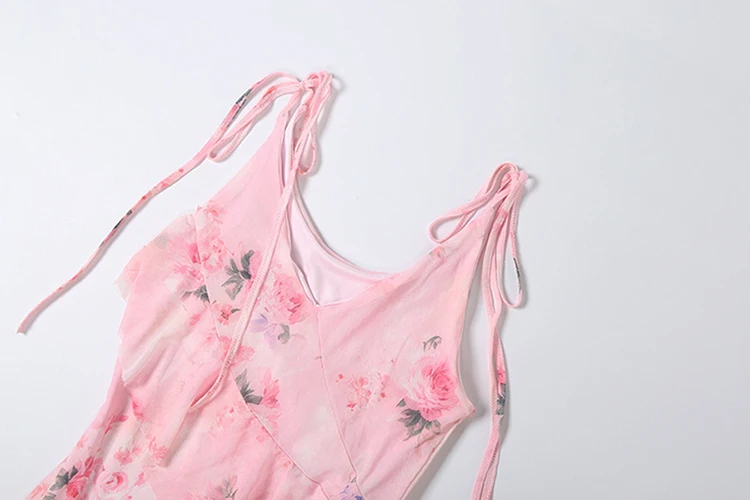 Weird Puss Kleid mit Blumenmuster für Damen, Rüschen, V-Ausschnitt, ärmellos, Bandage, figurbetont, süßer Stil, Sommermode, schick, Urlaubskleid – Detail 6