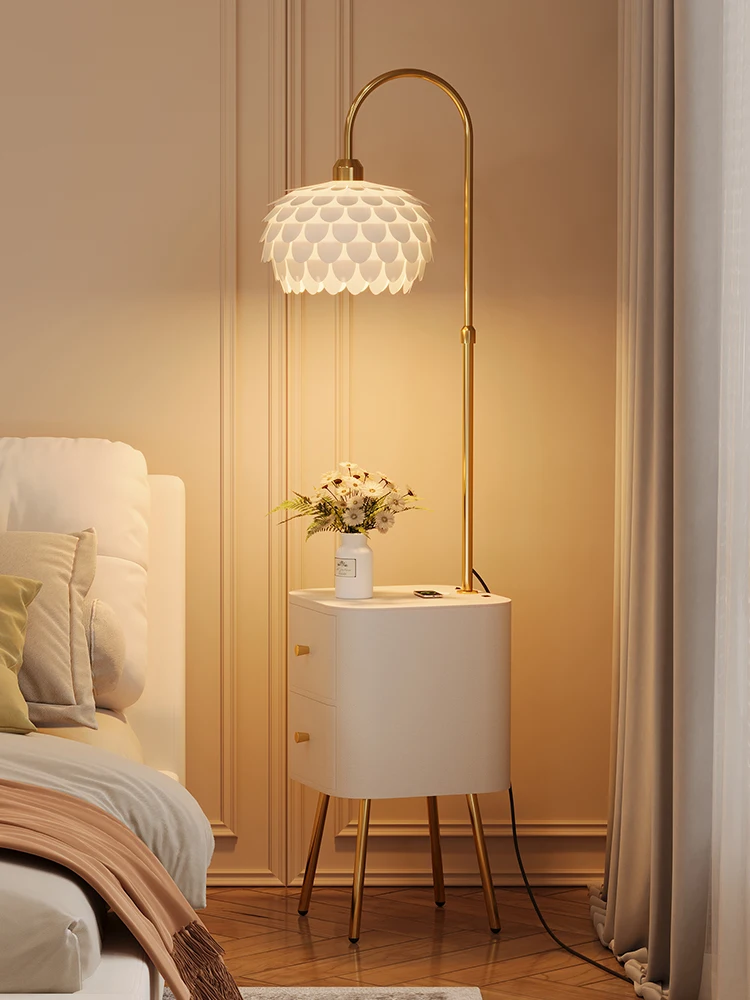 

Bedside table with lamp floor lamp bedroom light luxury high sense 2025 new household cabinet lamp integrated advanced cream