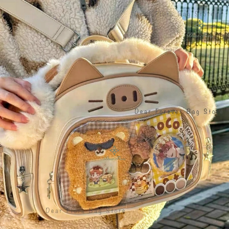 Y2K-mochila de gato plateado japonés para adolescentes, Bolsa Escolar bonita, bolsa de viaje de bolsillo transparente para niñas dulces, mochila