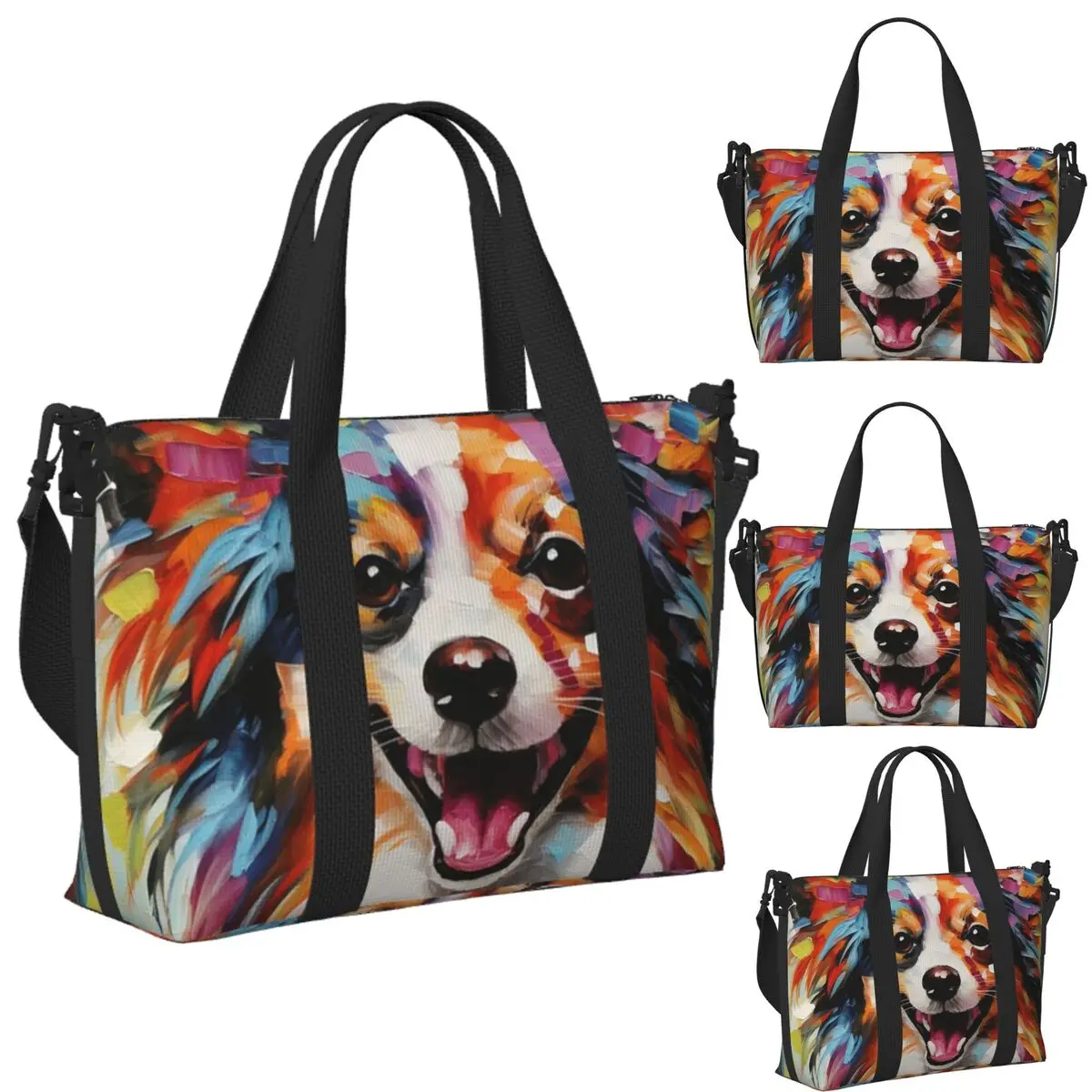 

Custom A Papillon Dog Masterpiece Beach Travel Bag Large Capacity Tote Bags for Gym Sport Women Shopping Duffle Shoulder Bag