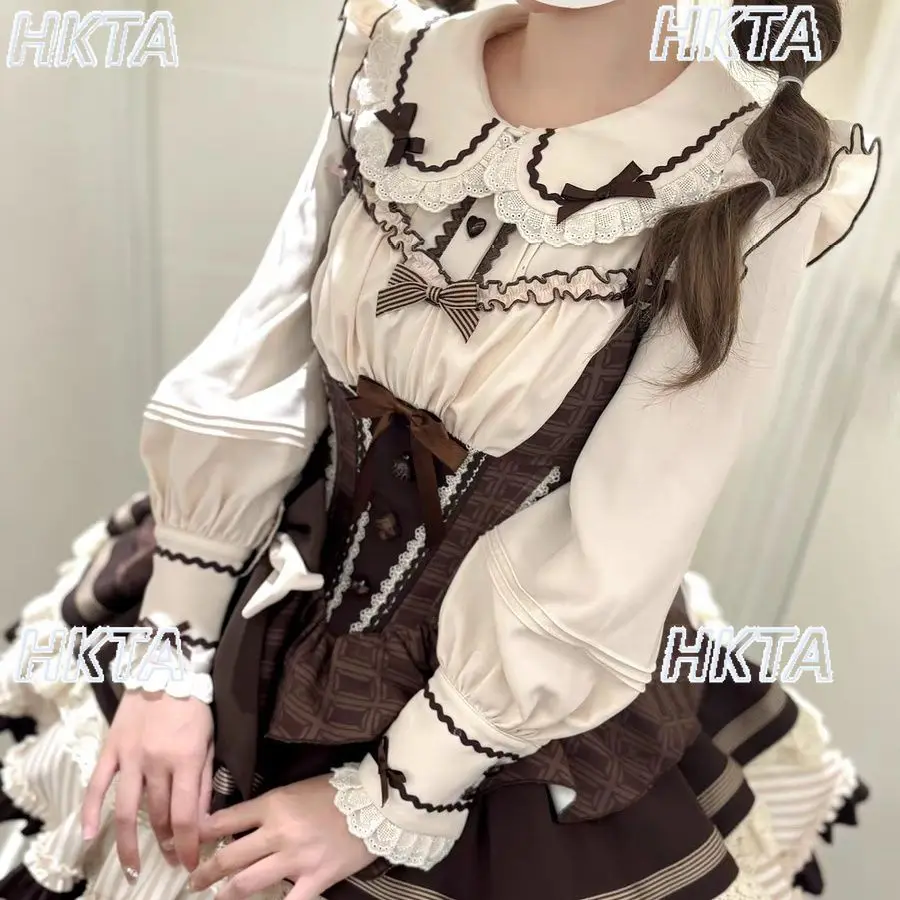 

Japanese Sweet 25 Autumn Winter New Versatile Lanterns Long Sleeve Doll Collar Shirt Cute Bow Lace Edge Pleated Blouse Top Women