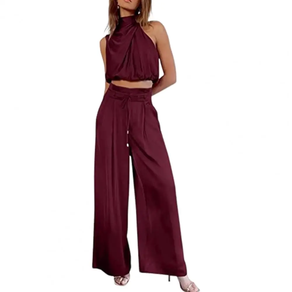 Women\'s Two Piece Pants Sets Outfit Silk Pleated Sleeveless Top Wide Leg Pants Set Summer Matching Sets 2024