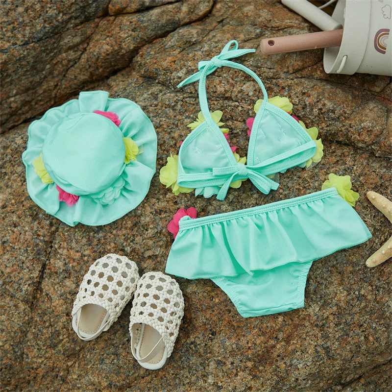 Tregren Infant Baby Girls Beach Bikinis Flower Decor Tops Ruffles Shorts with Sun Hat Swimsuit Set Summer Swimwear Bathing Suits