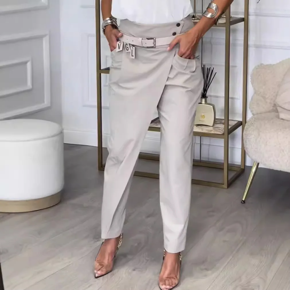Frauen Hosen Unregelmäßige Knöchel Länge Hosen Schärpen Hohe Taille Stretch Taste Taschen Hosen Böden Herbst Büro Dame 2025