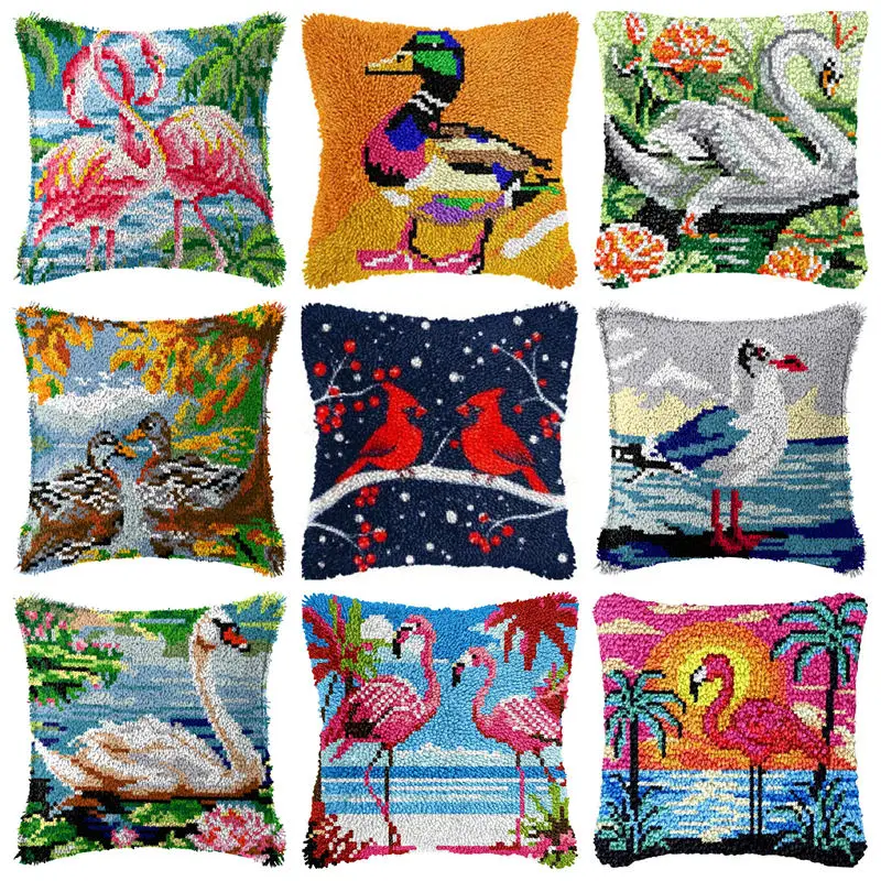 

Flamingo Goose Duck Pattern Latch Hook Kit Vintage Knot Pillow Package Embroidery Latch Hook Kits Animals Cushion Pillowcase DIY