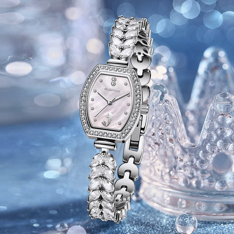 GUANQIN Luxury Quartz Watch for Women Mermaid Collection Mother-of-Pearl Dial Stainless Steel Case 30M Waterproof Lady Watches