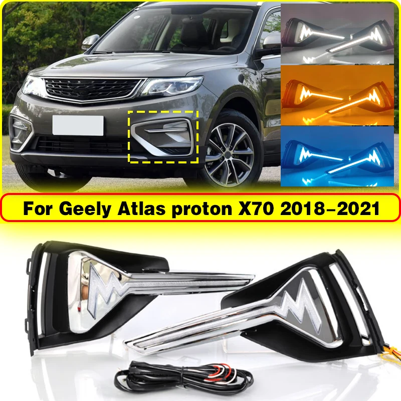 

Car LED DRL Daytime Running Light daylight for Geely Atlas proton X70 2018-2021 With Yellow Turn Signal and Blue night mode 12V