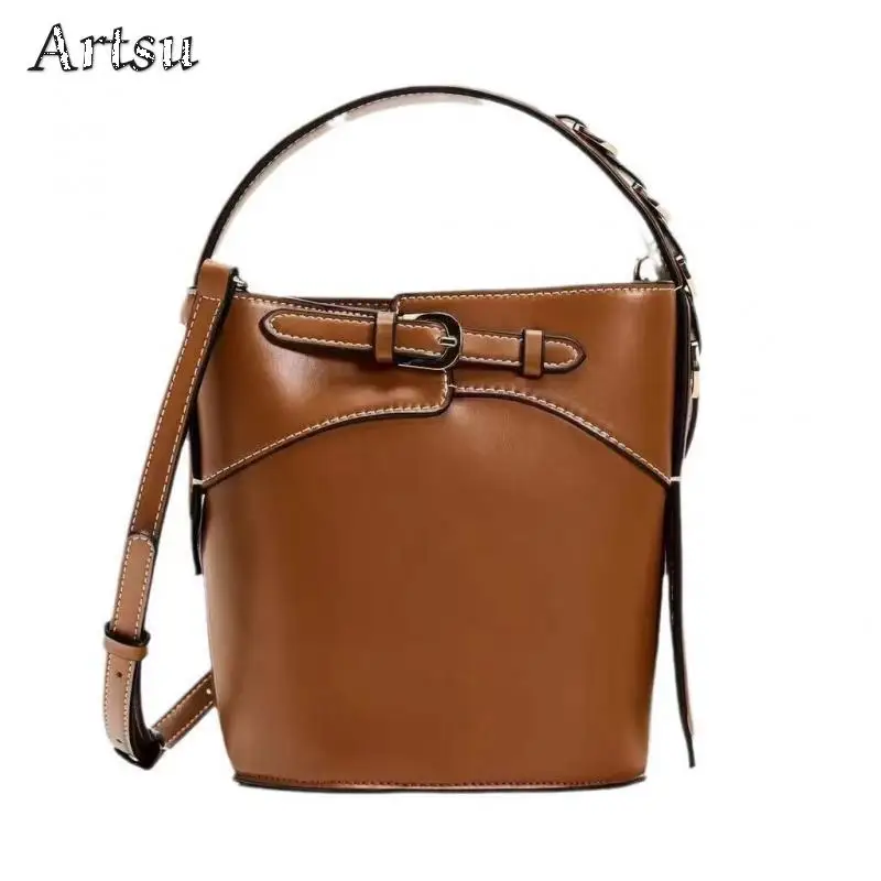 Fashion Shoulder Bags Pu Leather Brown Bucket Bag Texture Niche Leisure Versatile Handheld Bags Korean Style Crossbody Bags