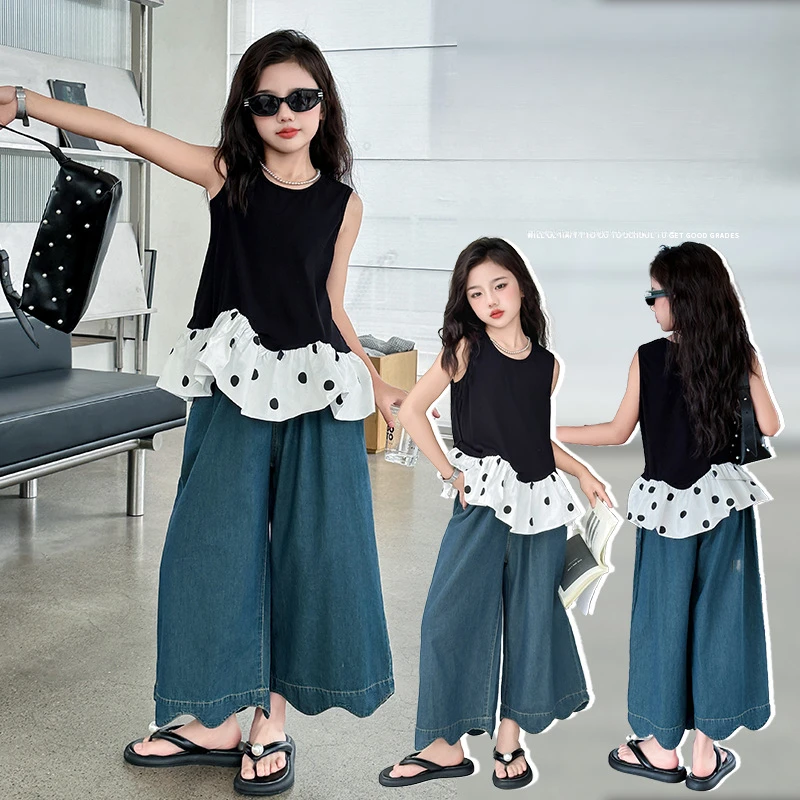 Girls Suits Summer Set 2024 New Summer Dress Foreign Style Korean Fan Big Children Two-piece Set Clothes Simple Casual