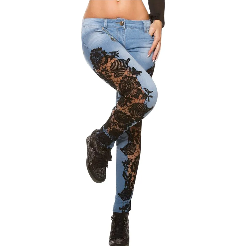 

High Stretchy Distressed Ripped Floral Appliques Lace Hollow Out Jeans Low Waist Slim Fitting Fashion Pencil Denim Trousers