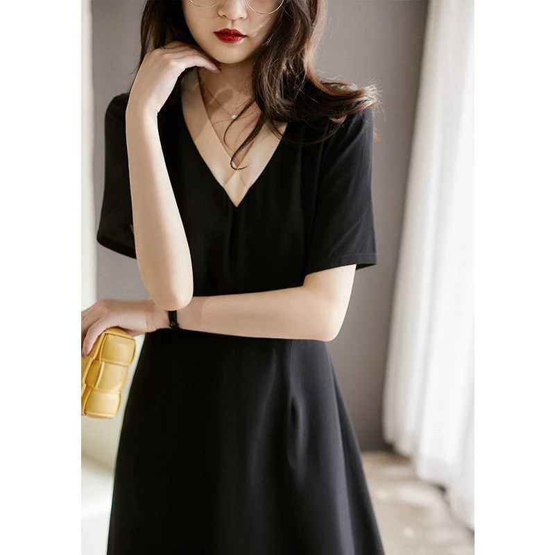 Summer V-neck Elegant Fashion Patchwork Knee Length Waist Dress Ladies Short Sleeve Temperament A-line Robe Women Casual Vestido