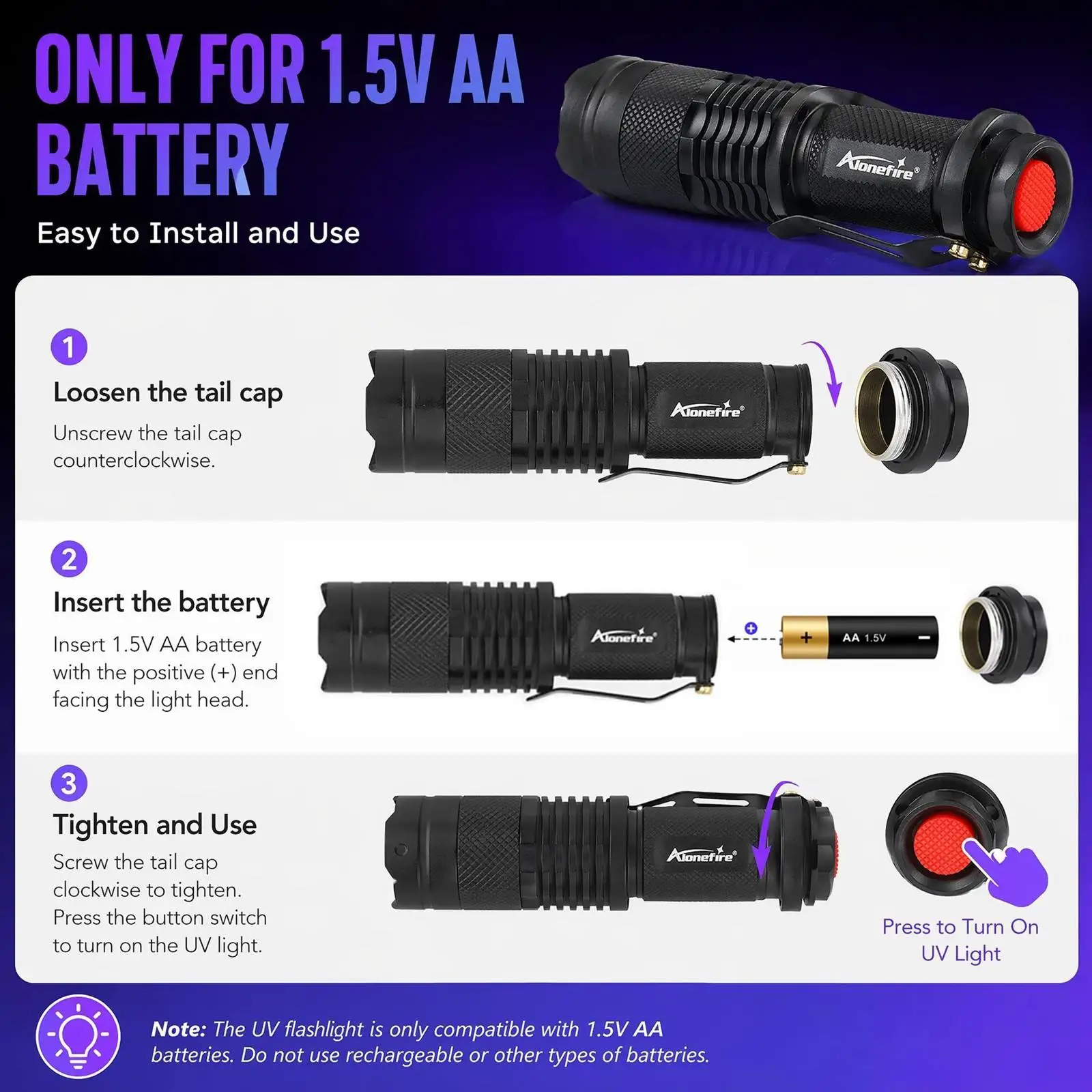 Alonefire SK68 Zoom 365nm/395nm Mini UV Light Led Flashlight Cat Dog Pet Urine Tinea Money Ore Jade Scorpion Check Lamp Torch view 5