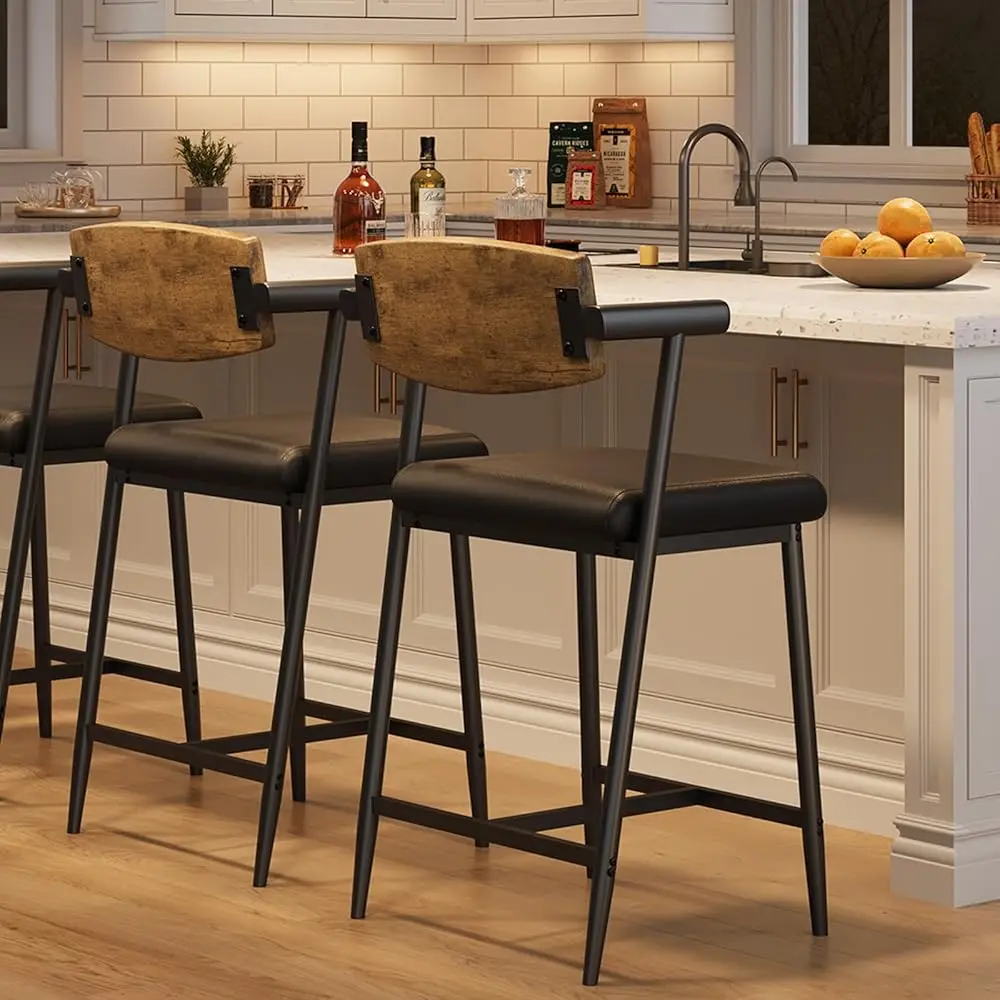 Bar Stools Set Of 2 With Armrests, Counter Height Bar Stools Set With Footrest & Wood Back, Metal Barstools Set With Wide