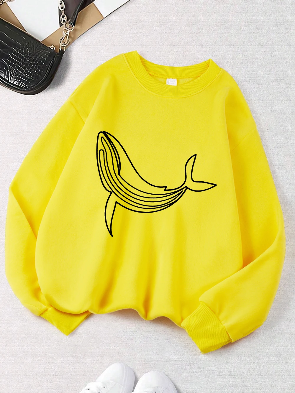 2025 Humpback Whale Printing Sweatshirts Women Winter Warm Hoodies Crewneck Loose Pullover Basics Comfortable Women Clothes