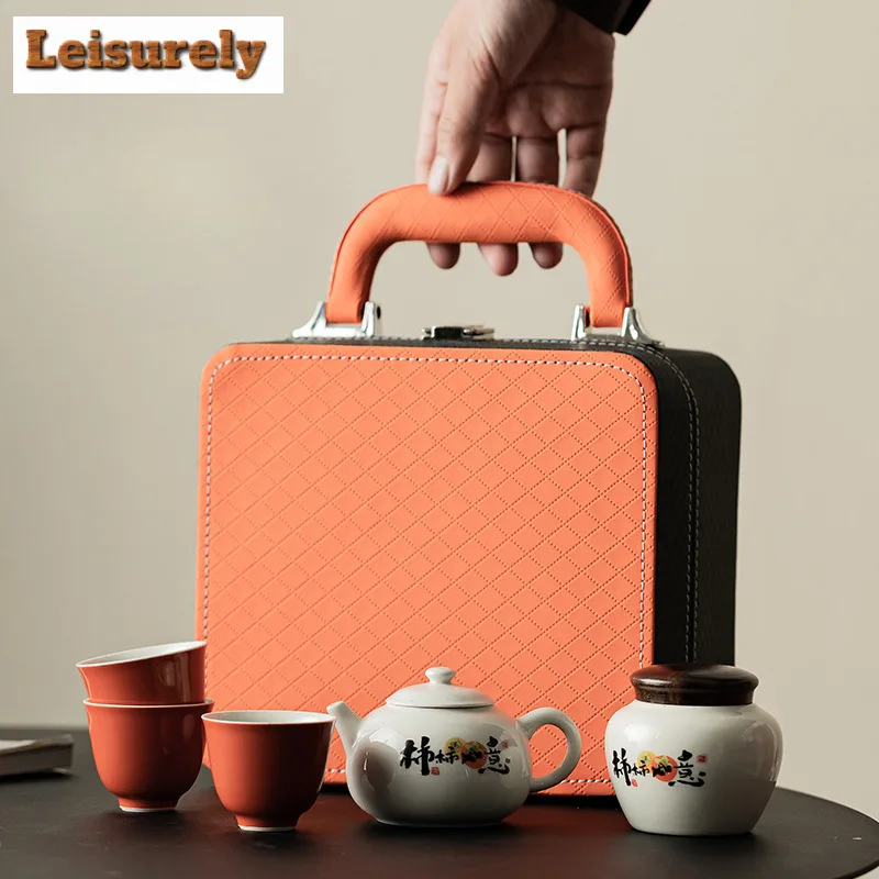 

Retro Wood Ash Persimmon Portable Travel Tea Set Kit Japanese 1 Pot 3 Cups Tea Maker Picnic Handbag Tea Items Accessories Gift