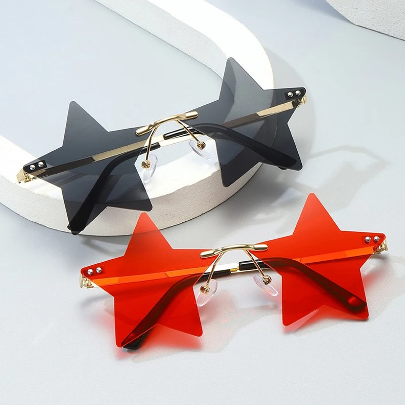Trendy Red Star Shape Rimless Sunglasses Women Men Fun Novel