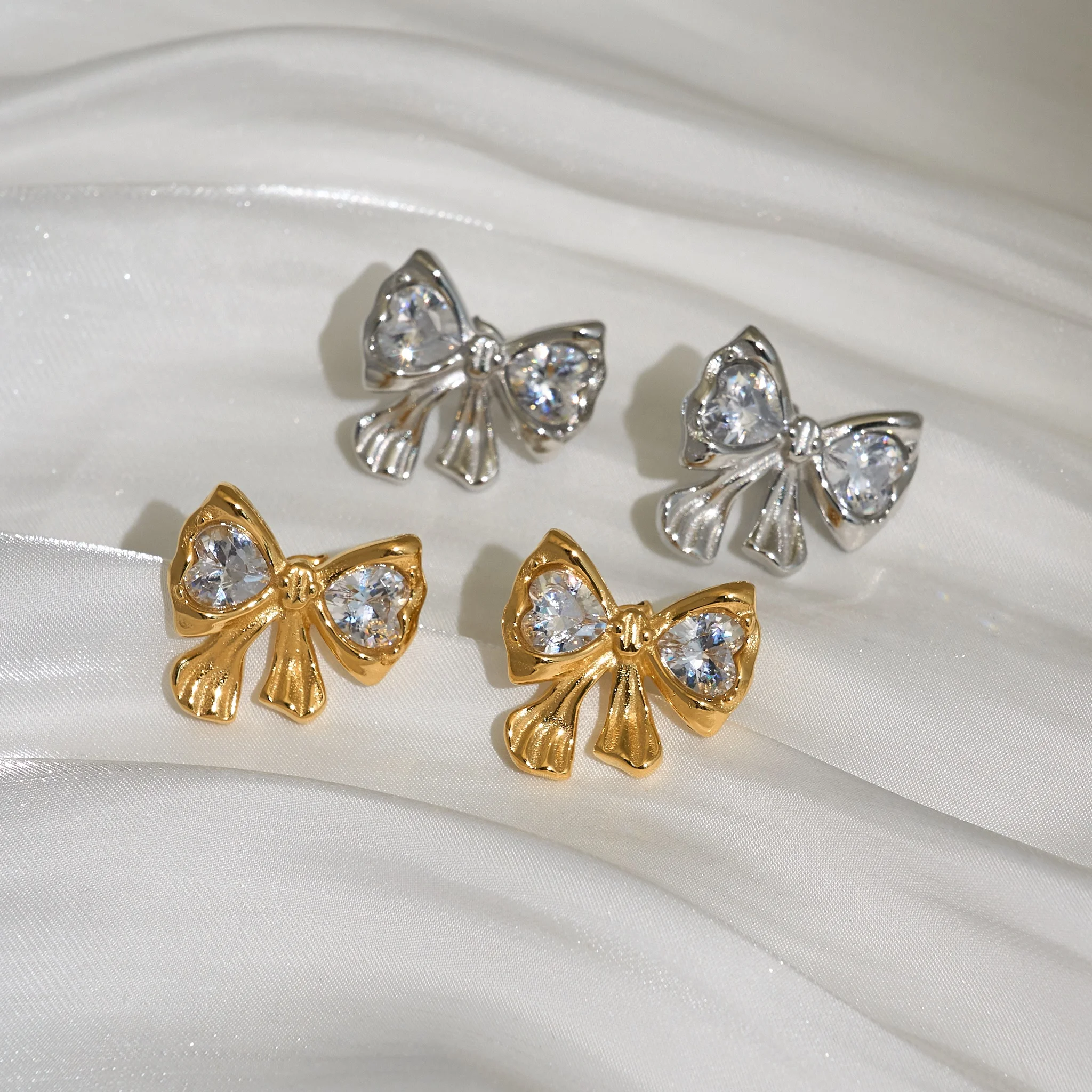 

DASEIN 2025 New Dainty Bow Clear Zircon Earrings 18k Gold Plated Hypoallergenic Stainless Steel Jewelry for Young Girls