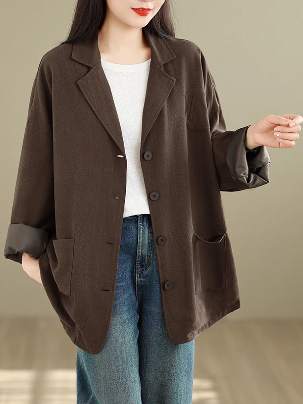 Loose Women's Linen Suit Jacket Pure Color Versatile Autumn Fashion Design Casual Slimming Medium Length Coat