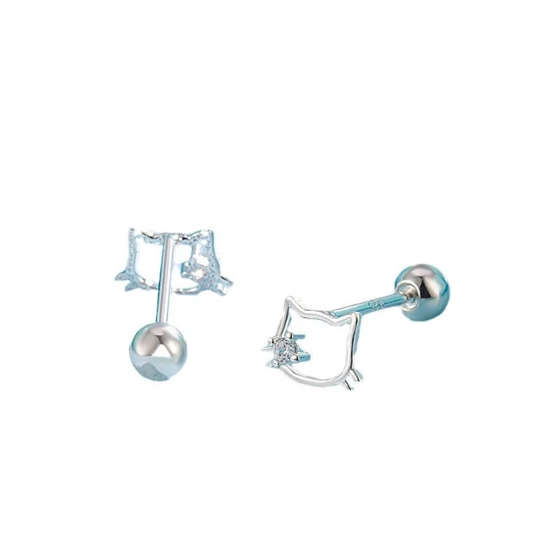 Real Money 925 Sterling Silver Simple Cute Kitty Screw Stud Earrings for Women Girls Party Jewelry Gift Pendientes Mujer Moda