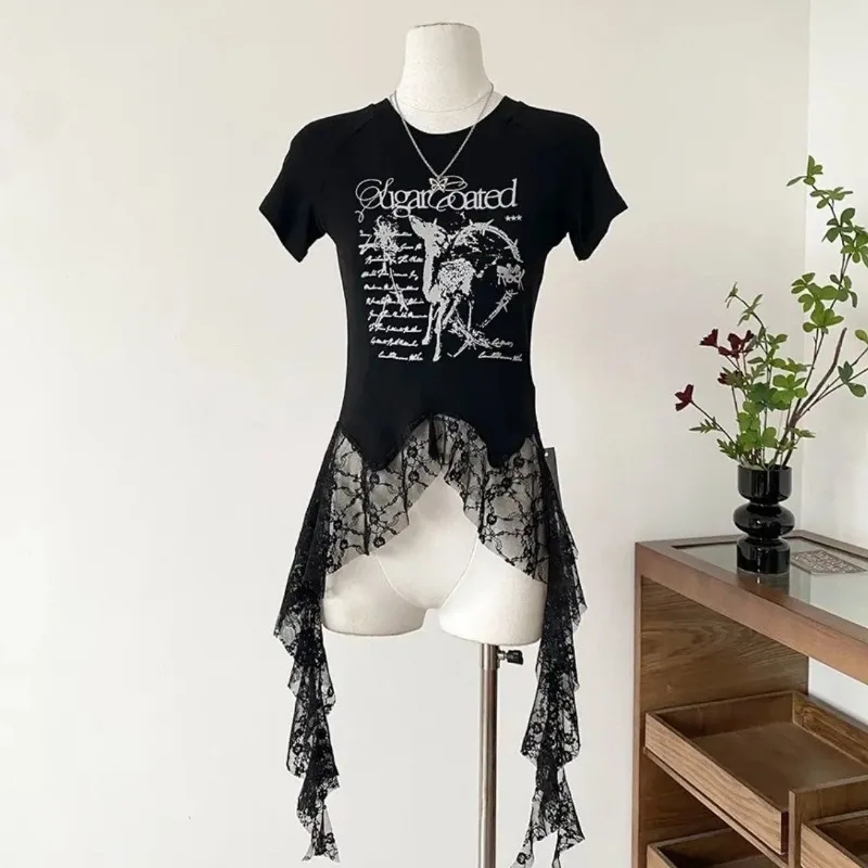 Y2k Top Fairy Lace Patchwork Short-Sleeve T-Shirt Women Summer New Slim Letter Print Tops Grunge Aesthetic Tshirt Kawaii Clothes