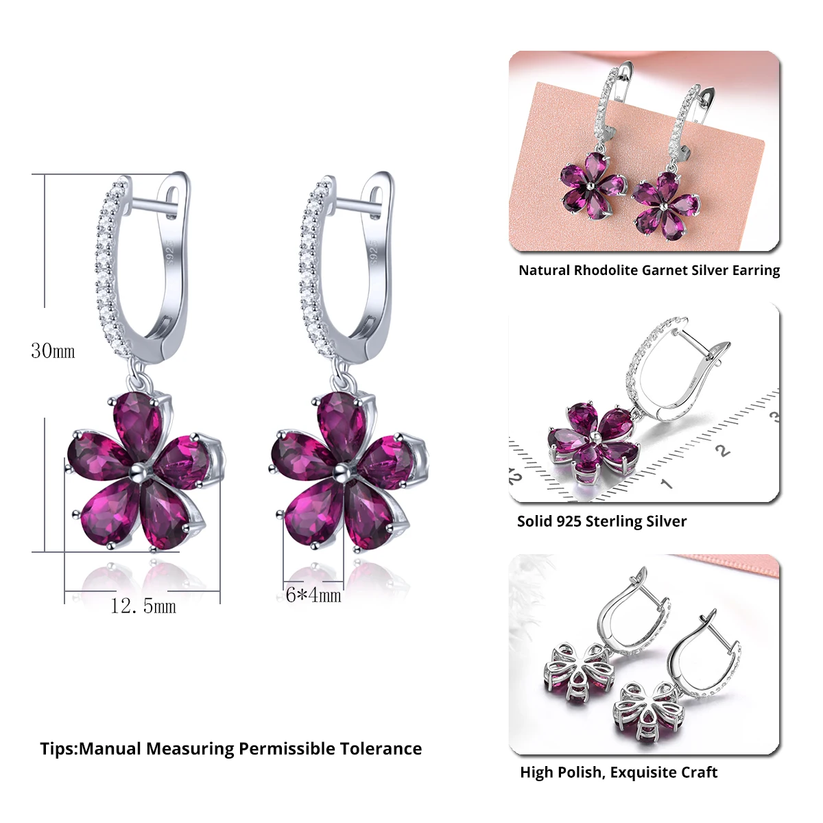 Stock Clearance Natural Rhodolite Garnet 925 Silver Drop Earrings Genuine Gemstone Special Style Fine Jewelry for Daily Jewelry