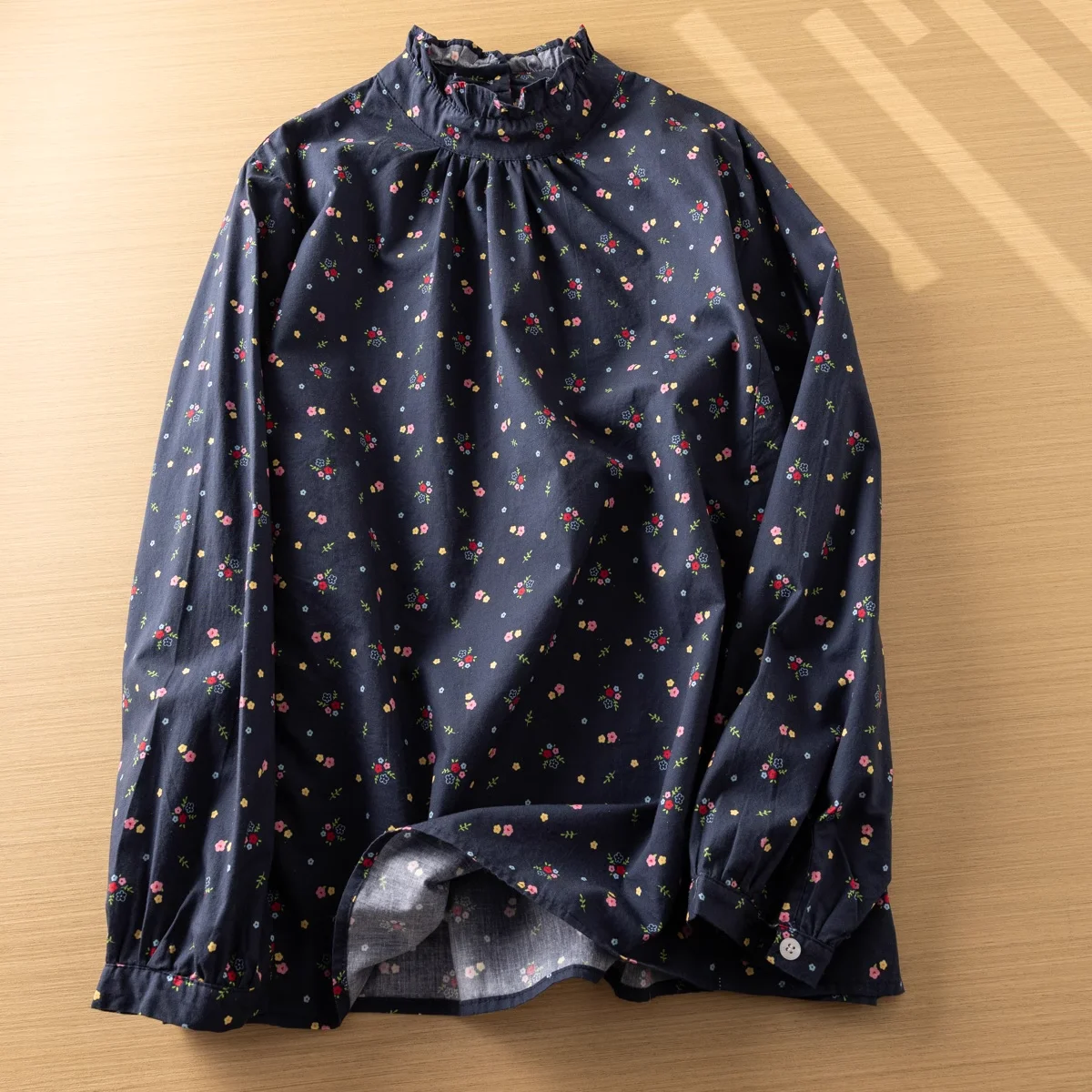 Mori girl style sweet stand collar long sleeve navy blue white printed shirts and blouses cotton  autumn women clothing