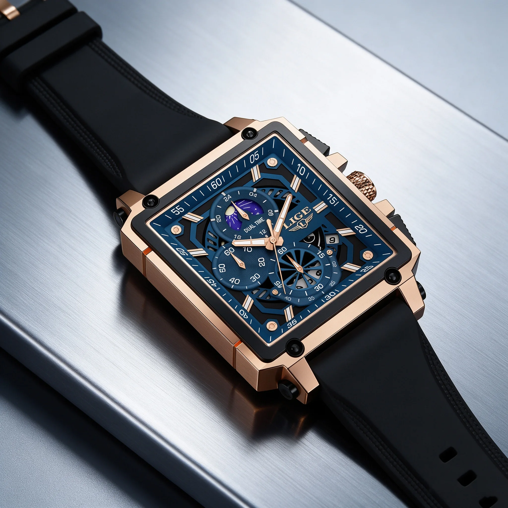 LIGE Top Brand Men's Watches Luxury Square Quartz Wristwatch Waterproof Luminous Chronograph Watch for Men Date Clock
