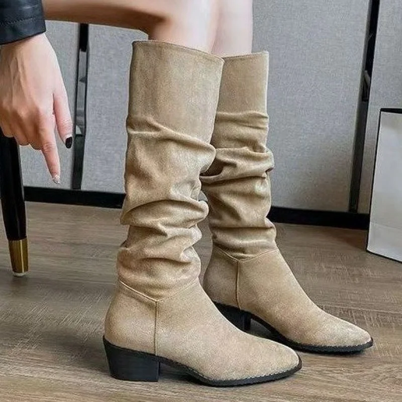كعب مكتنز ريترو فوق الركبة مطوي أحذية النساء أحذية عالية أنبوب الموضة #2