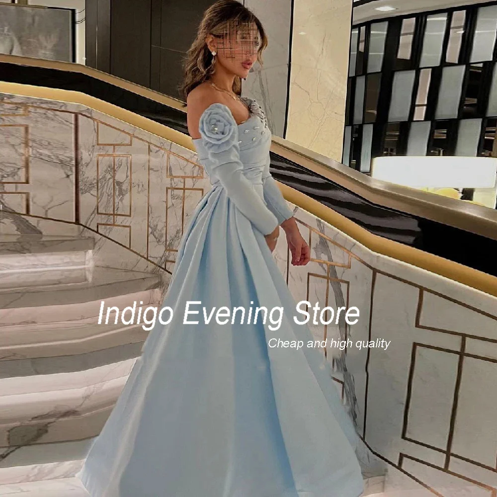 Indigo Prom Dress Mermiad Off Shoulder Long Sleeve Beading Pleat Satin Rhinestone Elegant Evening Gown  فساتين الس Customized