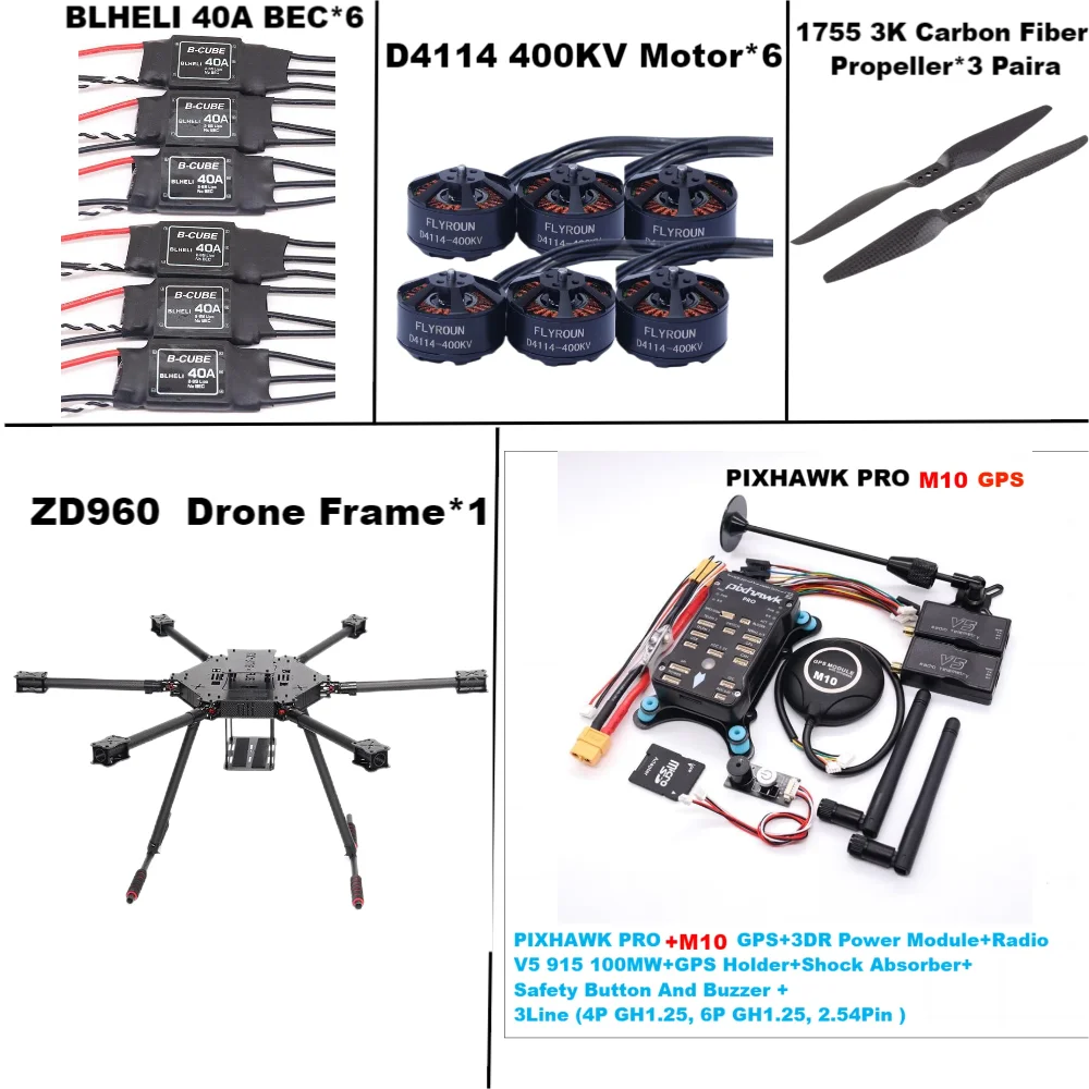 ZD960 PIXHAWK PRO M10 Full Carbon Fiber  Hexa-Rotor Frame BLHELI 40A ESC Flight Comtrol Rado Telemetry Set