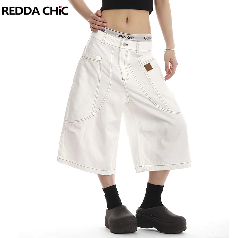 

REDDACHiC Boyfriend Seamed White Jean Shorts Loose Casual Leather Label Patchwork Retro Wide Leg Bermuda Pants Cargo Workwear