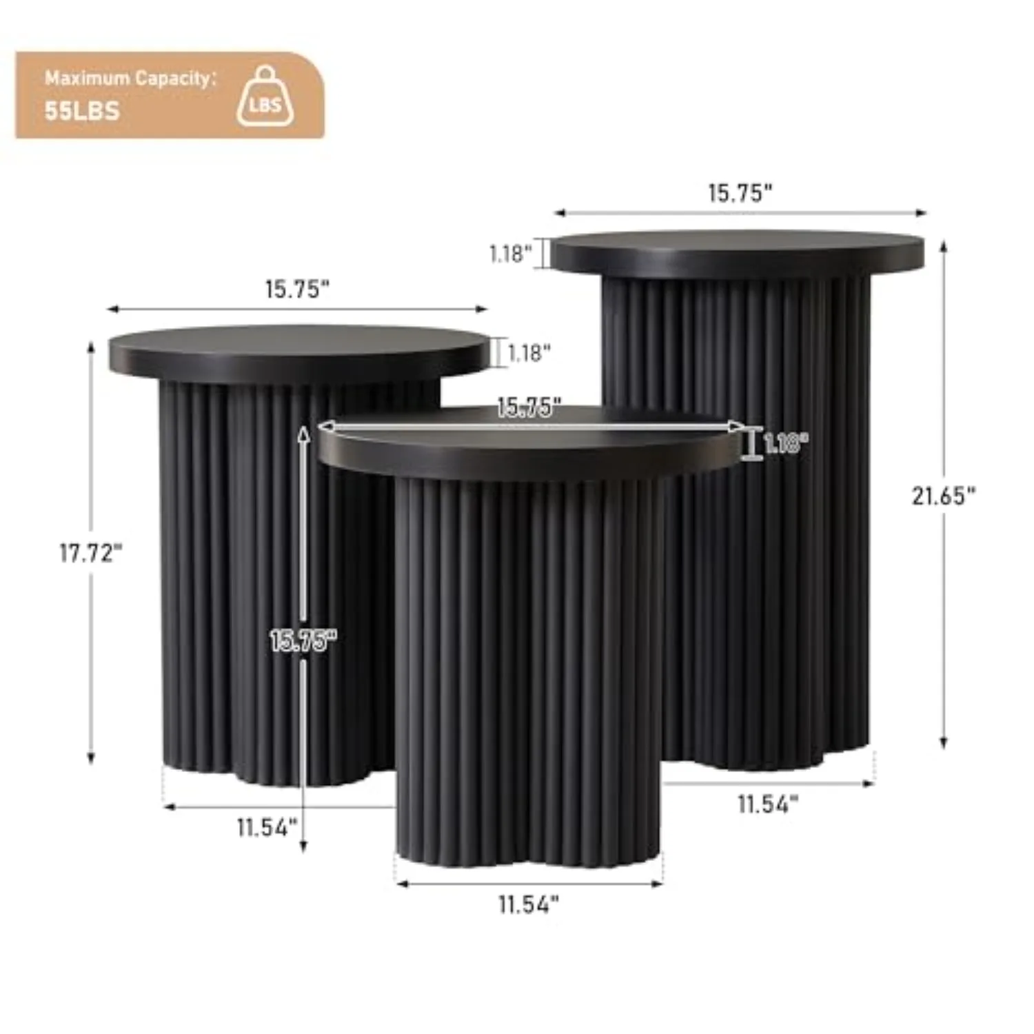 Round Nesting Coffee Table Set of 3, Fluted Coffee Table Mid Century Modern Nesting Tables Boho Wooden Accent End Table