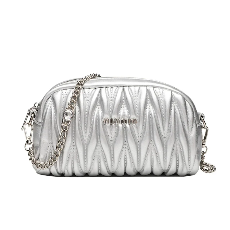 

Trendy Pleated Dumpling Bag For Women Chains Shoulder Crossbody Bags Silver Handbags and Purse Ladies Luxury Brand Design Hobos