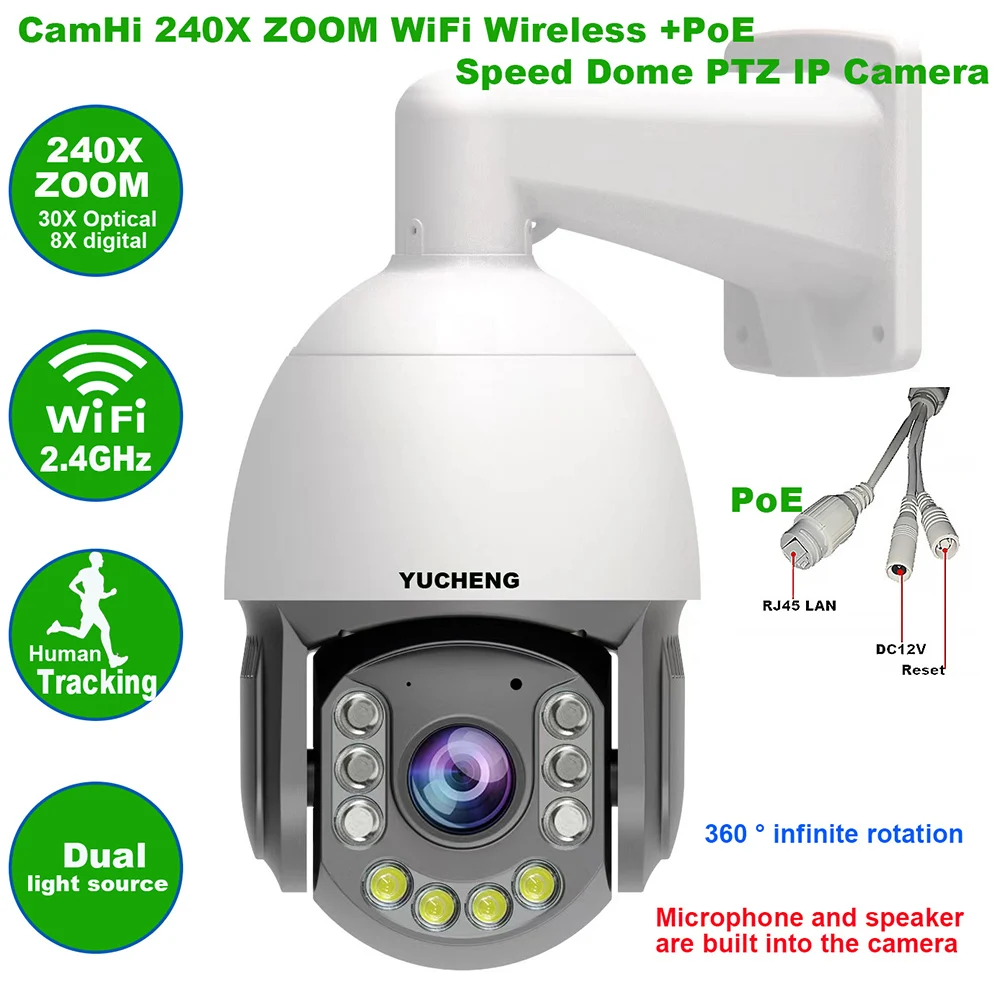 

CamHi 5MP Wireless 240X ZOOM Humanoid Auto Track IR PTZ Speed IP Camera Humanoid Recognition Build in MIC Speaker 128GB sd card