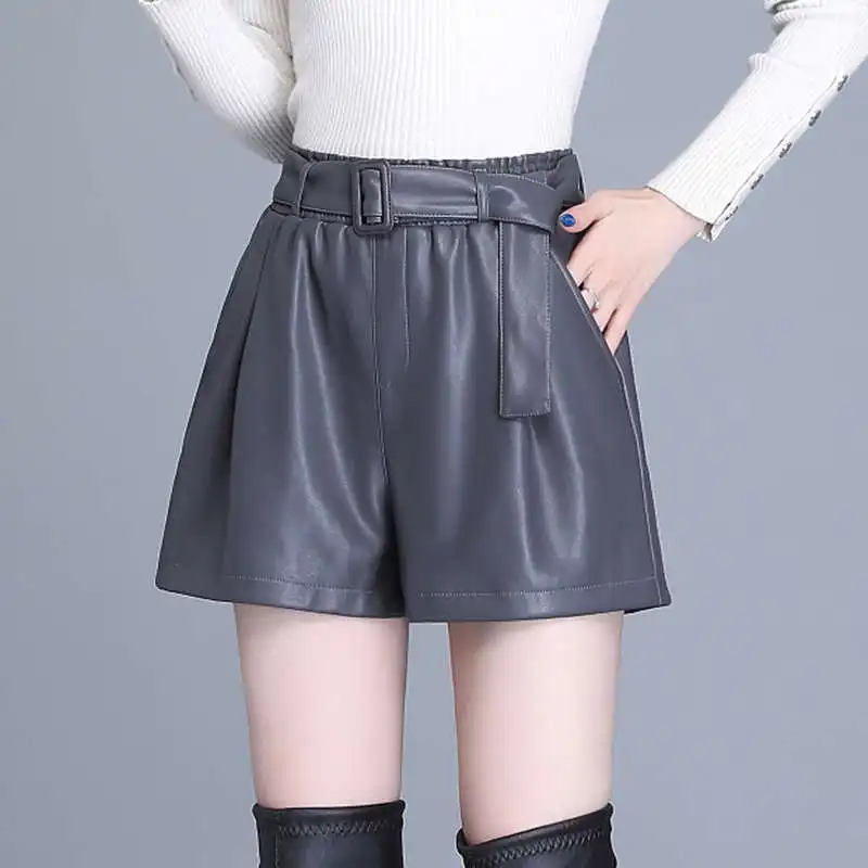 Real Leather Wide Leg Shorts Women Spring Autumn Pockets High Waist Sheepskin A-Line Plus Size Women Clothing Bike Shorts C8131