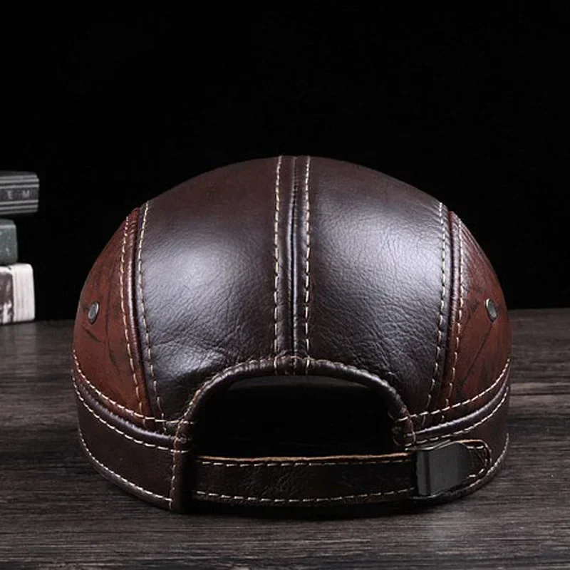 New Winter Man Genuine Leather Baseball Caps Male Casual Cowhide Belt Ear Warm 56-60 Adjustable Splice Flight Hats