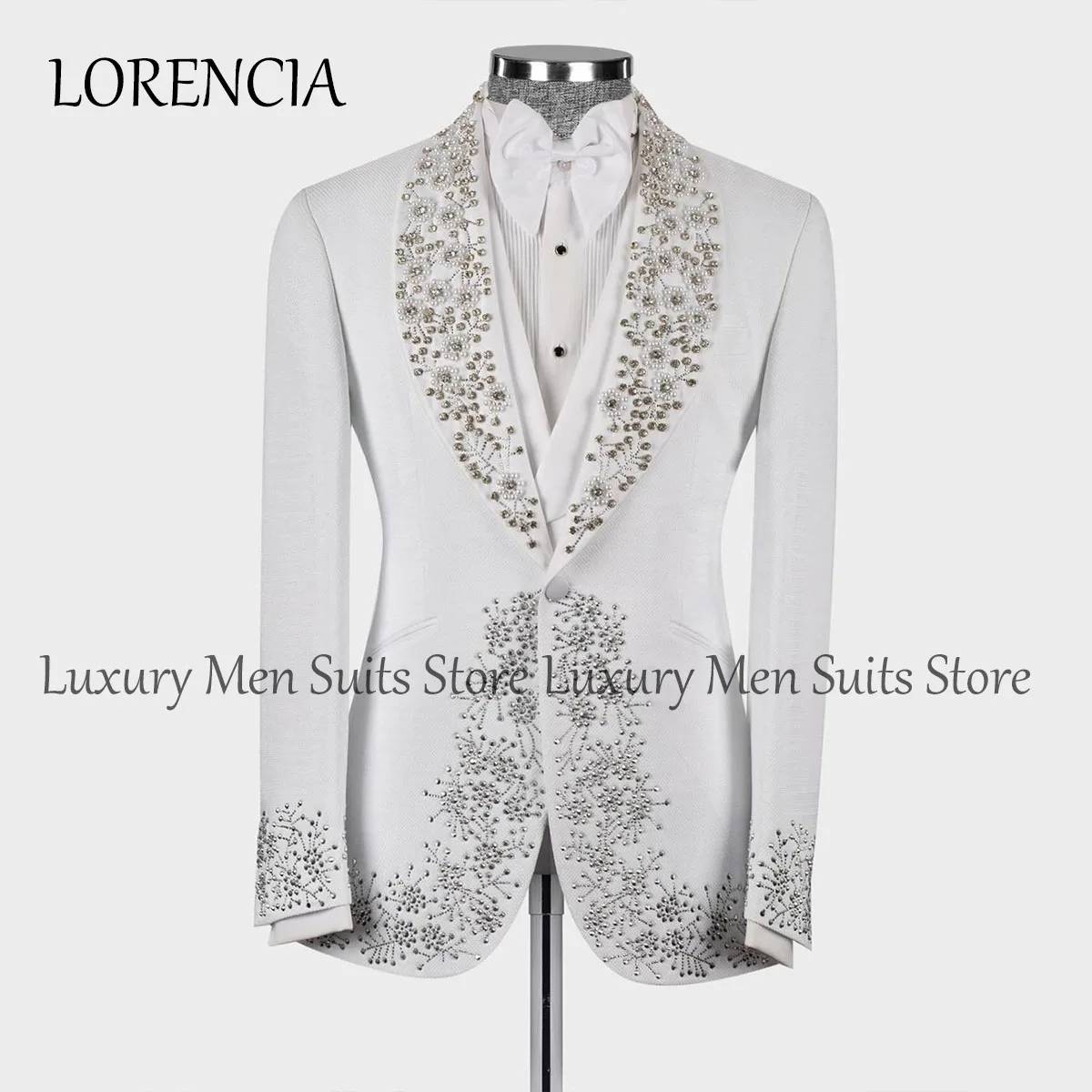 

Formal Glitter Diamond Men Suits For Wedding Shawl Lapel Groom Tuxedos 3 Pieces Sets Party Male Prom Blazers Terno Masculino