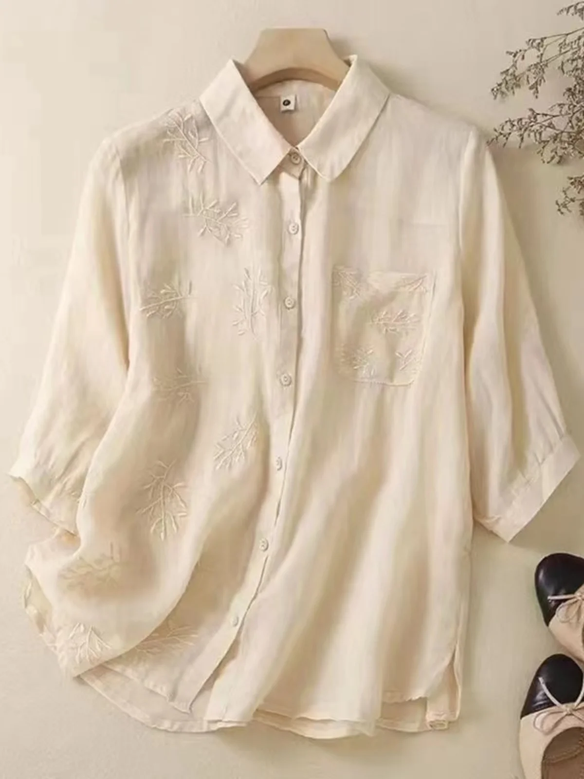 

Женский модный летний топ из хлопка и льна Ele Personali Seven-Quarter Sve с воротником на пуговицах, чистый цвет