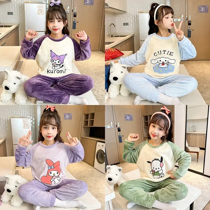 Winter Flannel Children Pajamas Set Sanrio Kawaii Anime Kuromi Melody Cinnamoroll Pochacco Boy Girl Warm Sleepwear Kids Homewear